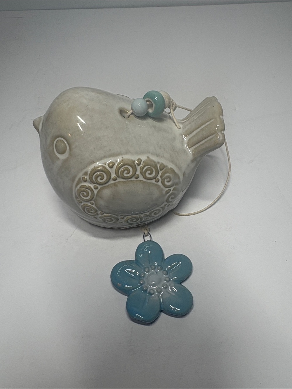 Ceramic Hanging Bird Wind Chime with Blue Flower - Picture 7 of 8